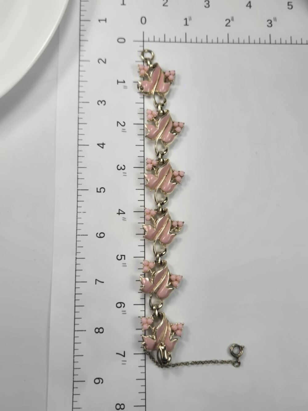 Vintage Coro Pink Thermoset Bracelet Leaf Floral Link MCM 1950s 60s - Picture 11 of 12